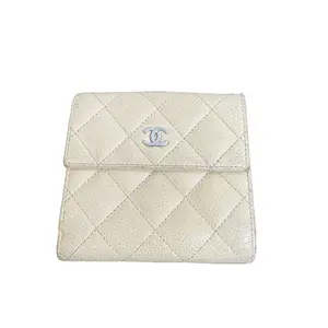 Pre-owned CHANEL cowhide leather Clutches & Wristlets Vintage Beige Caviar Leather Quilted Trifold Short Wallet, Card Holder