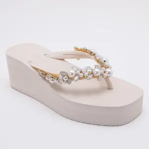 Trendin Mode Women's White Wedge Platform Flip Flop Sandals Summer Fashion Casual Pearl Thong Strap Clip Toe Slip-on Comfortable Ladies Beach Shoes Sandalias