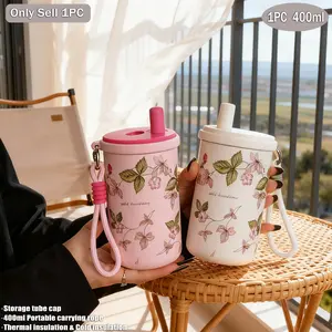 400ML Wild Strawberry Pattern Dual-Layer Stainless Steel Portable Insulated Cup, Straw Cup, Travel Mug, Gift for Holidays and Birthdays