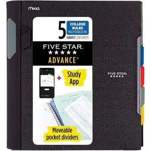 Advance Spiral Notebook + Study App, 5 Subject, College Ruled Paper, 8-1/2" x 11", 200 Sheets, Spiral Guard, Movable Tabbed Dividers, Black (73144)