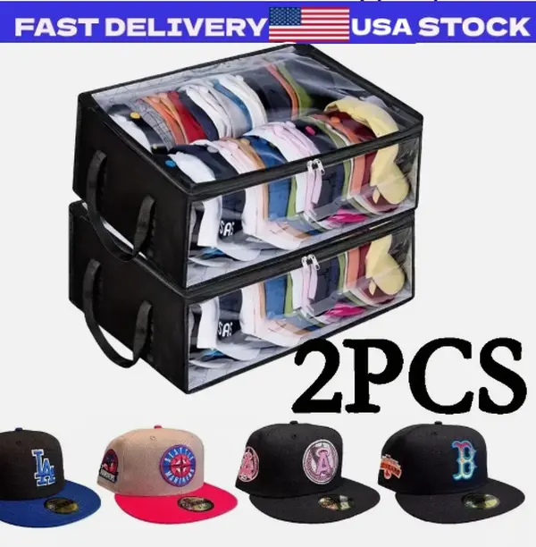 2PCS Hat Storage Dust Bag Baseball Hat Cap Organizer Clear Rack Zipper Black