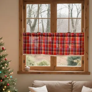 1pane   Plaid Lace Short Window Curtain, American Vintage Farmhouse Coffee Curtains, Modern Comfortable Holiday Decorative Curtain for Restaurant Kitchen Cafe Door