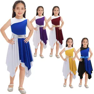 Kids Girls Sleeveless Colorblock Asymmetrical Praise Dance Dress Formal White
