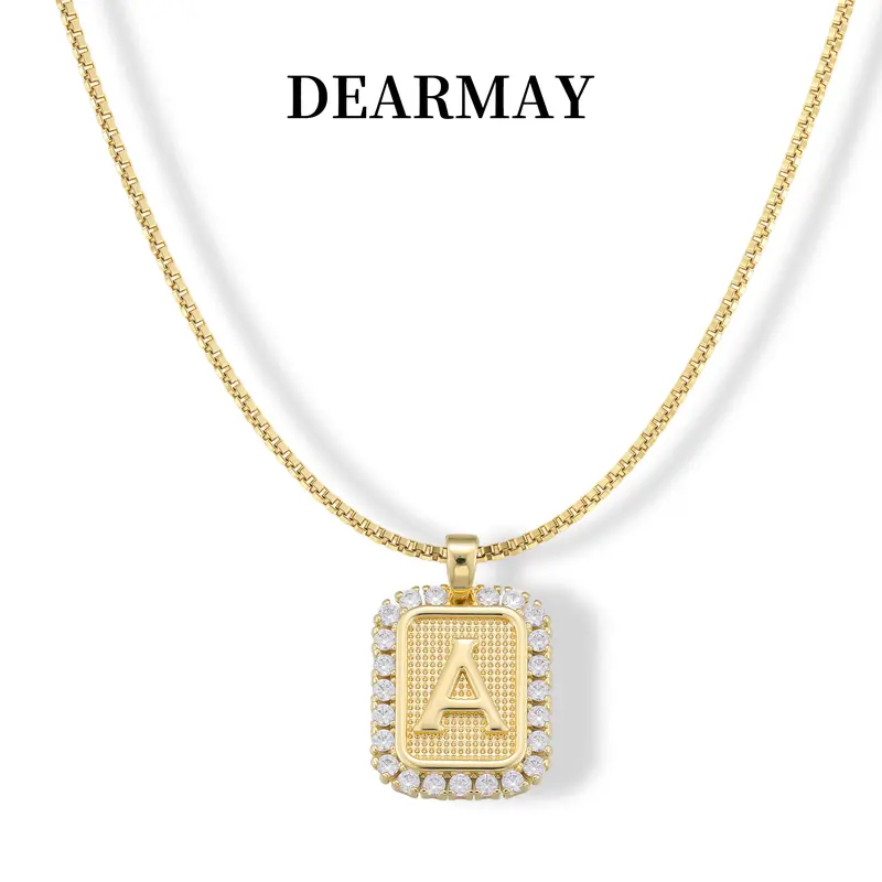 Dearmay Women's Dainty Initial Letter Necklace - Hypoallergenic Gold-Coated Thin Snake Chain, Grid-Textured Bold CZ Pendant, Unisex Costume Jewelry for Everyday Wear, Birthday/Anniversary Gift for Partner/Best Friend (Choking Hazard: Small Parts)