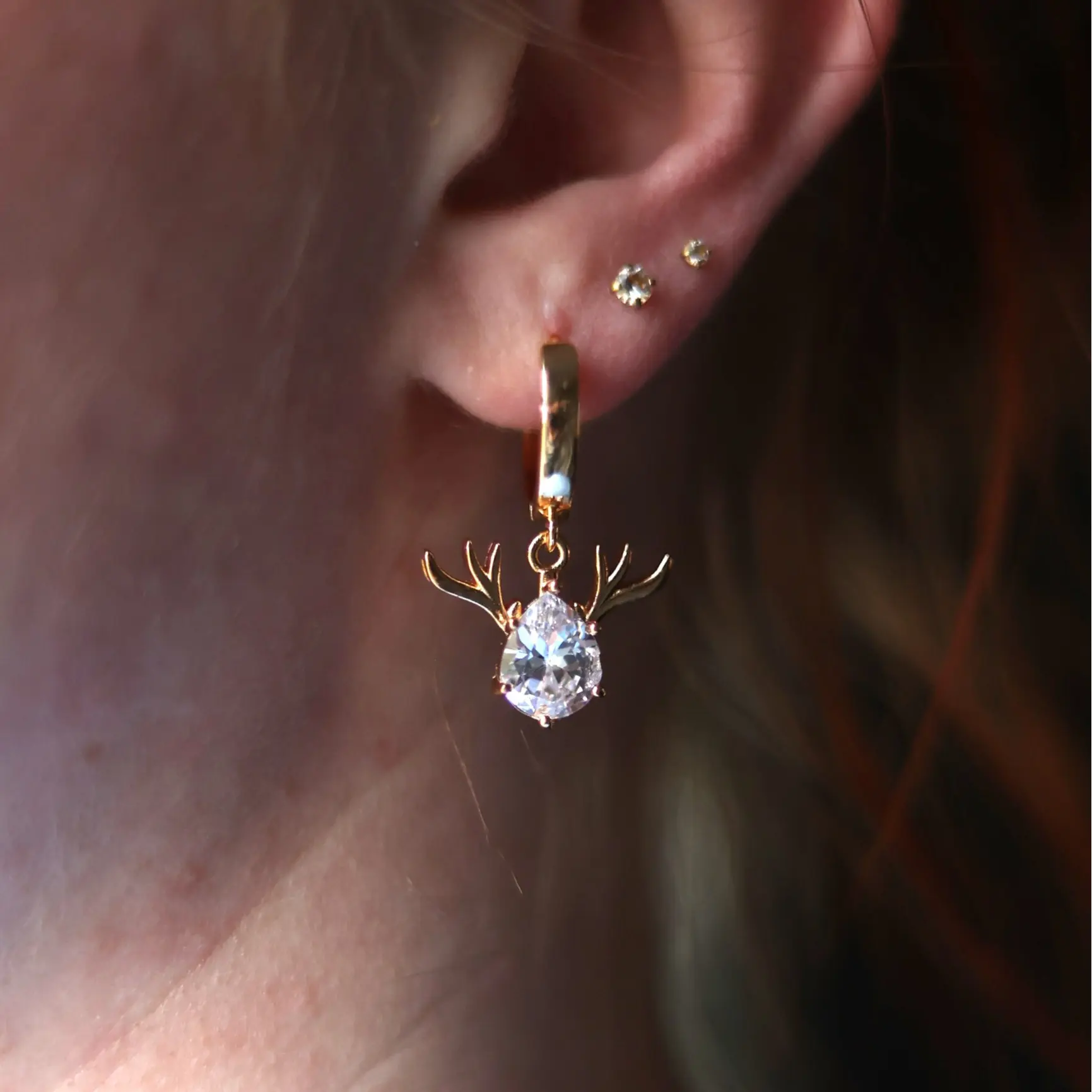 18K Gold Plated Cubic Zirconia Deer Antler Reindeer Charm Christmas Chunky Hoop Earrings