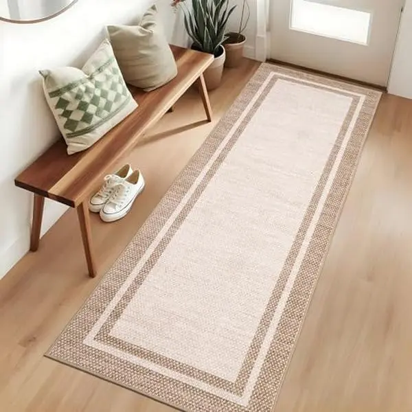 GARVEE 2x6 Runner Rug Kitchen Rug Modern Border Washable Rugs Non Slip Runner Rugs Stain Resistant Non Shedding Floor Cover Soft Touch Folding Indoor Carpet for Kitchen Hallway Laundry，Beige