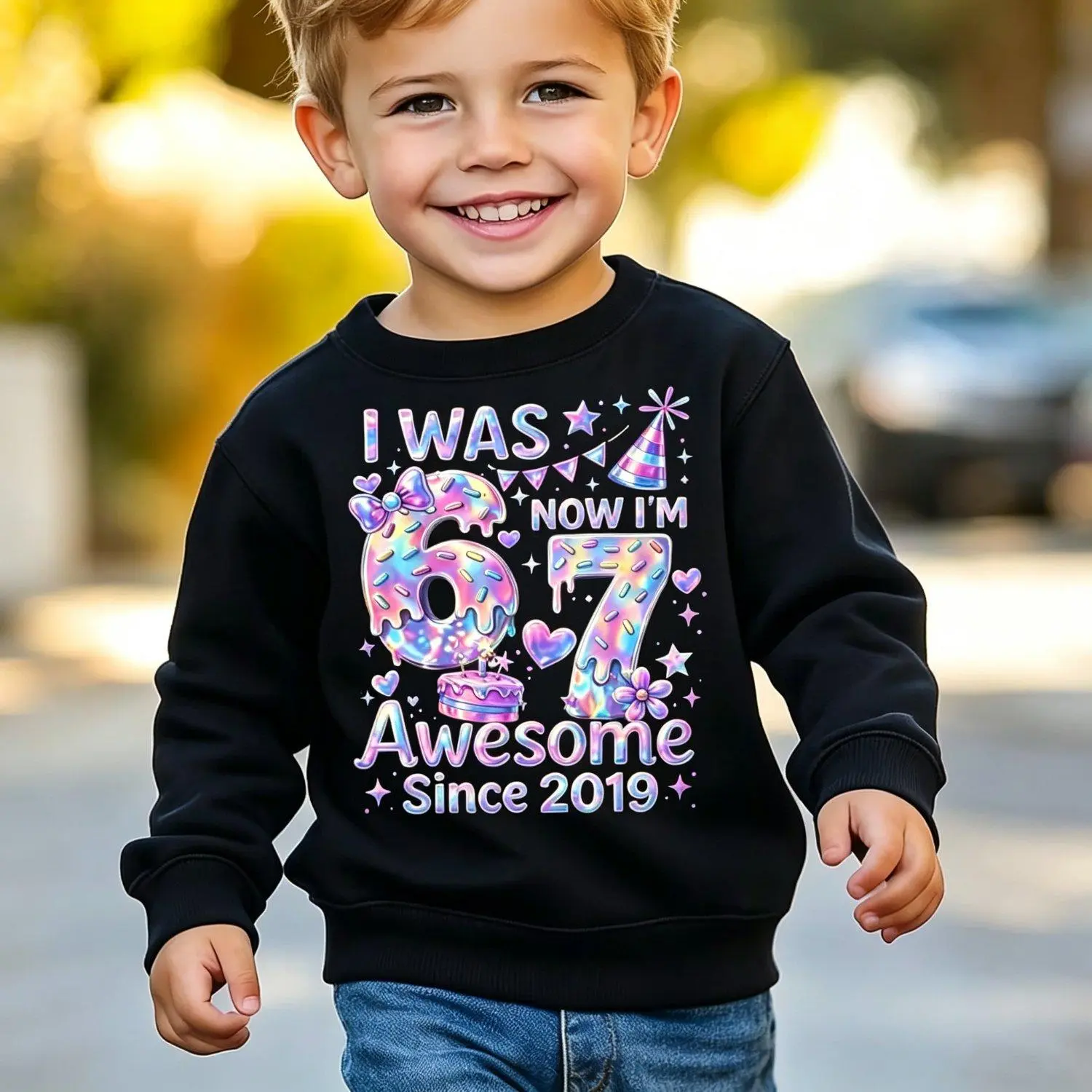 I Was 6 Now Im 7 Awesome Since 2019 Iridescent Donut Birthday Graphic Crew Neck Sweatshirt Men Pullover Casual Comfortable Retro Novelty Gift
