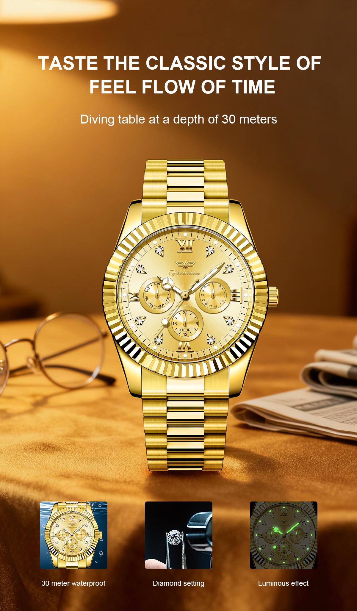 Ferhmen Men's Luxury Dress Watch, 41mm Gold Dial,Stainless Steel Band, Rotating Quartz Analog, relojhermoso, Waterproof & Lum, anniversary giftinous BigFace Wristwatch, Elegant Boss Style Watch