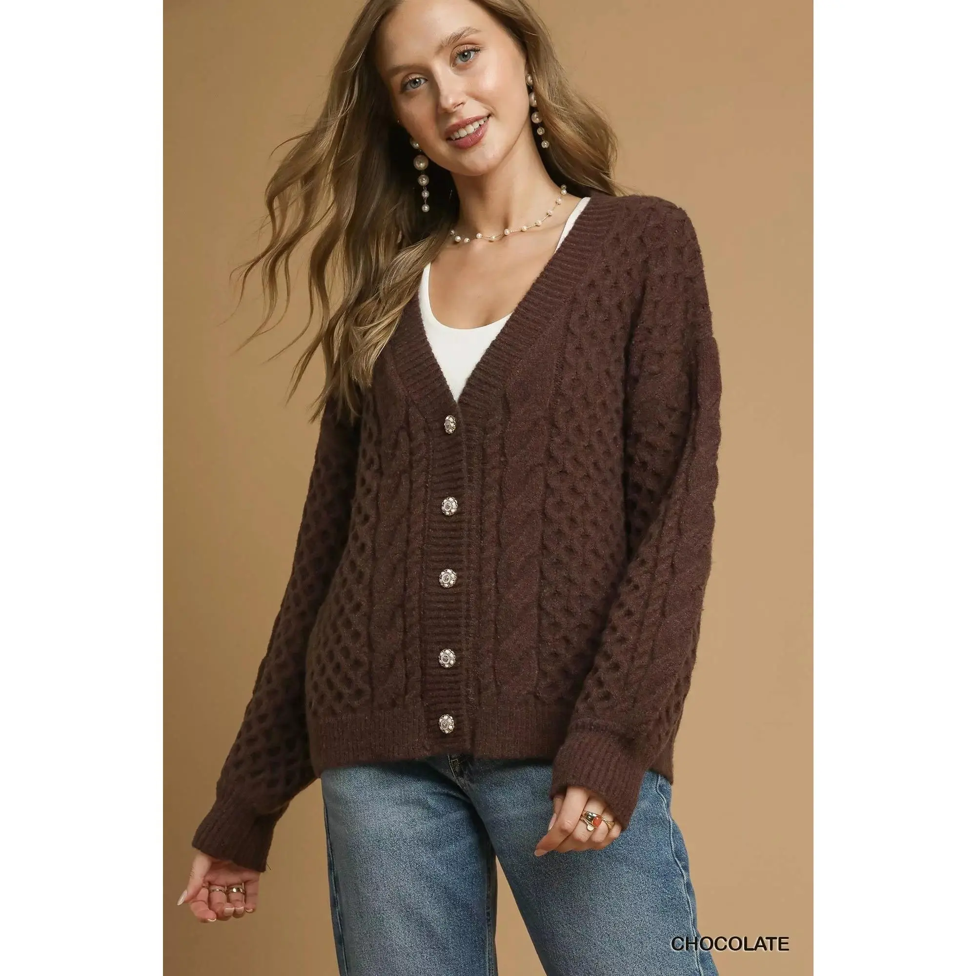 Chocolate Pearl Button Cable Knit Cardigan