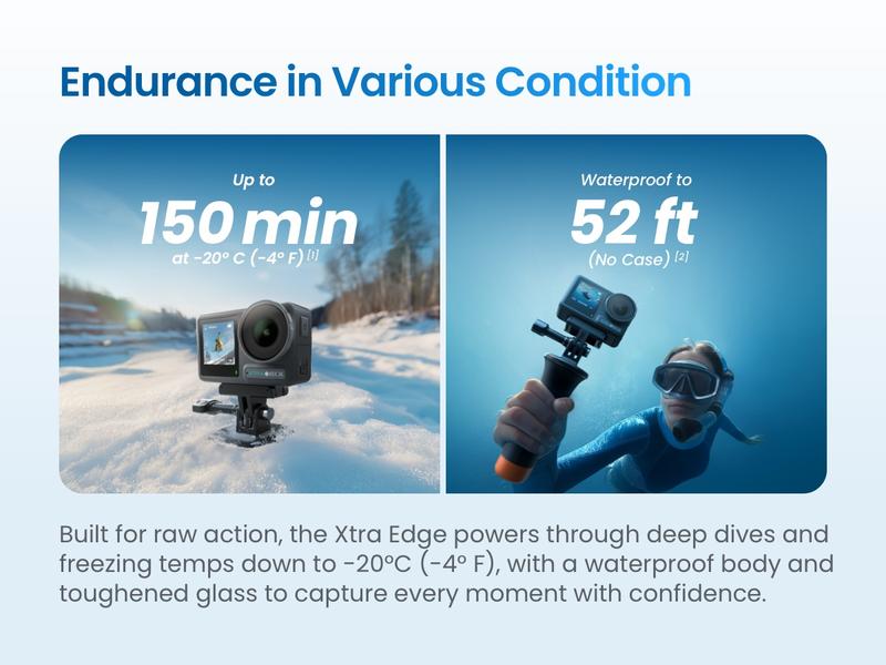 Xtra Edge Action Camera, 1/1.3" Sensor & 4K Cinematic Video, Hyper Stabilization, Waterproof Camera to 52 Ft, 3-Hour Battery, Universal Quick Mount, Vlogging Camera for Adventure Photography