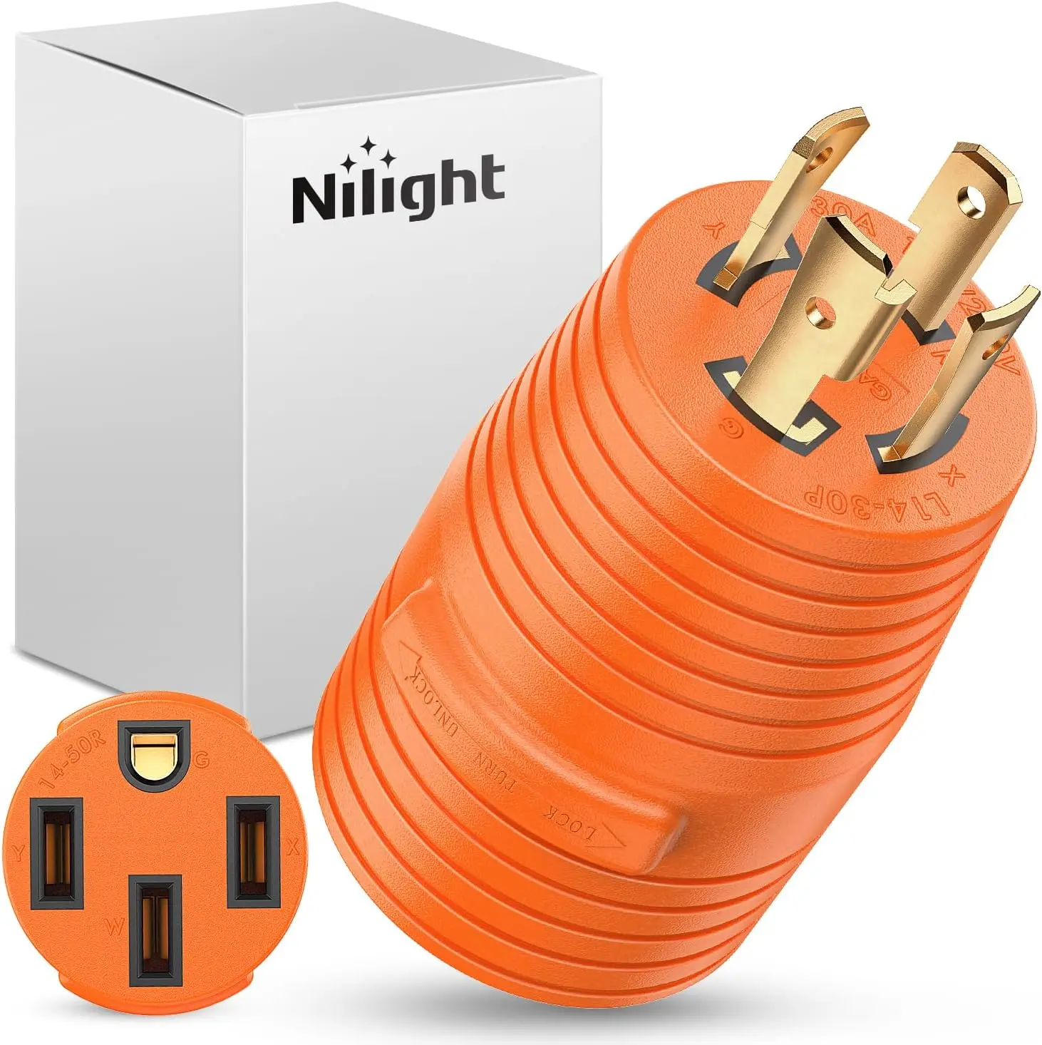 Nilight Heavy Duty Pure Copper RV Power Adapter, 30A to 50A 4-Prong Generator Twist Lock L14-30P Male to 14-50R Female Receptacle, 125/250V, Heat-Safe PVC Housing, Grip-Ring Unplug for RVs, Campers
