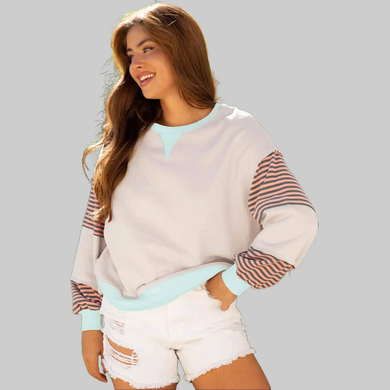 Plus Size Women's Sweatshirt, Casual Striped Colorblock Patchwork Pullover with Long Sleeves, Western Style Loose Fit Drop Shoulder Crewneck for Streetwear and Loungewear, Hoodie, Tops