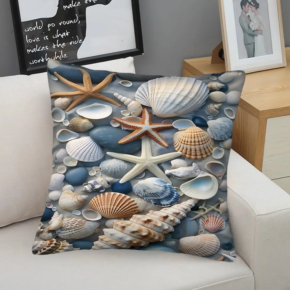 Coastal Beach Seashell Starfish Pattern Throw Pillow,Nautical Ocean Themed Decorative Cushion,Summer Seaside Style Accent Pillow,Includes Full Pillow Core,for Sofa Couch Bed Bedroom Beach House Decor,Wonderful Gift For Ocean Home Decor Lovers