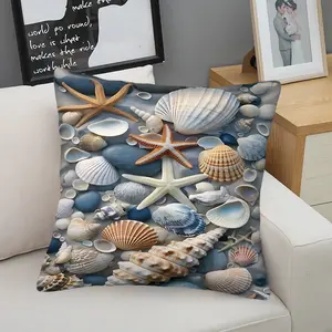 Coastal Beach Seashell Starfish Pattern Throw Pillow,Nautical Ocean Themed Decorative Cushion,Summer Seaside Style Accent Pillow,Includes Full Pillow Core,for Sofa Couch Bed Bedroom Beach House Decor,Wonderful Gift For Ocean Home Decor Lovers