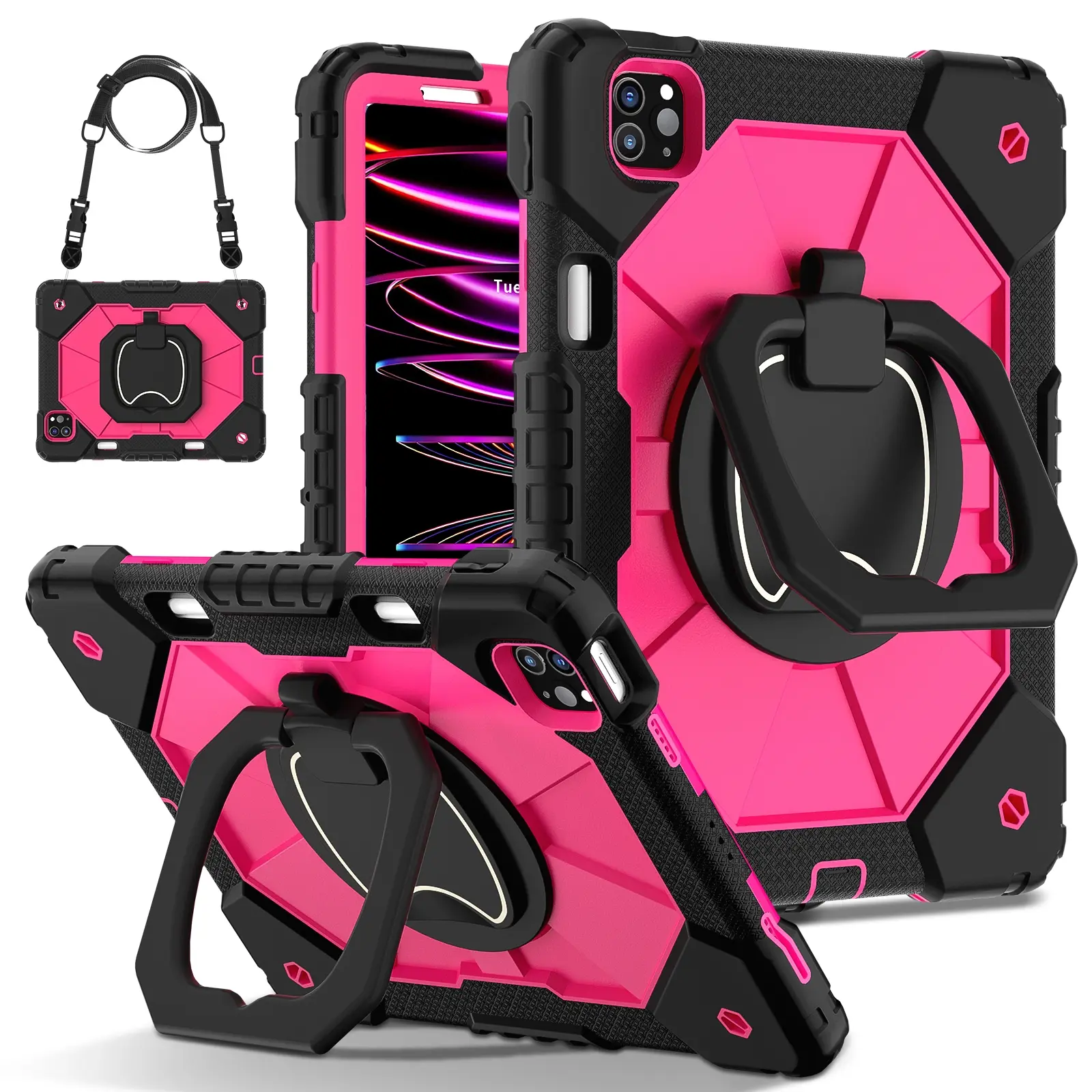 Tablet Casing, Ipad Covers, Ipad Accessories for iPad Air & iPad Pro 11 inch, Compatible with iPad 11th/10th, iPad Mini - with Screen Protector Rotating Stand Pencil Holder Shoulder Strap Shockproof Protective Cover - Black
