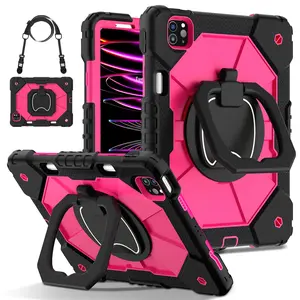 Tablet Casing for iPad Air (M4) 2026 & iPad Pro (M5) 2025 11 inch , Compatible with iPad (A16) 11th/10th / iPad Mini - with Screen Protector Rotating Stand Pencil Holder Shoulder Strap Heavy Duty Shockproof Protective Cover Kids - Black+Rose Red