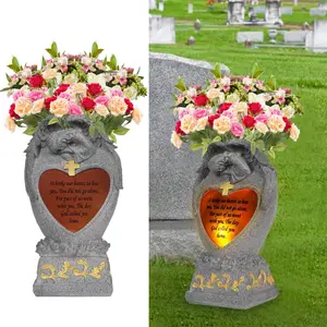 Cemetery Decorations for Grave,Cemetery vases for Grave,Decoration for Graves,,Cemetery vase with led,Memorial Statue Funeral Gift, Lights,Crying (Gray)
