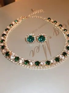 Women's Elegant Rhinestone Decorated Necklace & Earrings, Exquisite Trendy Matching Jewelry Set, Fashionable Accessories for Party & Daily Clothing Decor