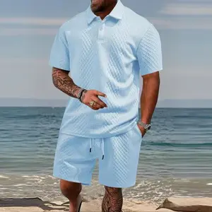 Summer bestsellers 2-piece set for men: trendy jacquard solid-color short-sleeve outfit featuring a short-sleeve top and shorts. Breathable summer casual wear with comfortable fabric, minimalist design, soft texture—ideal for young people going out on dat