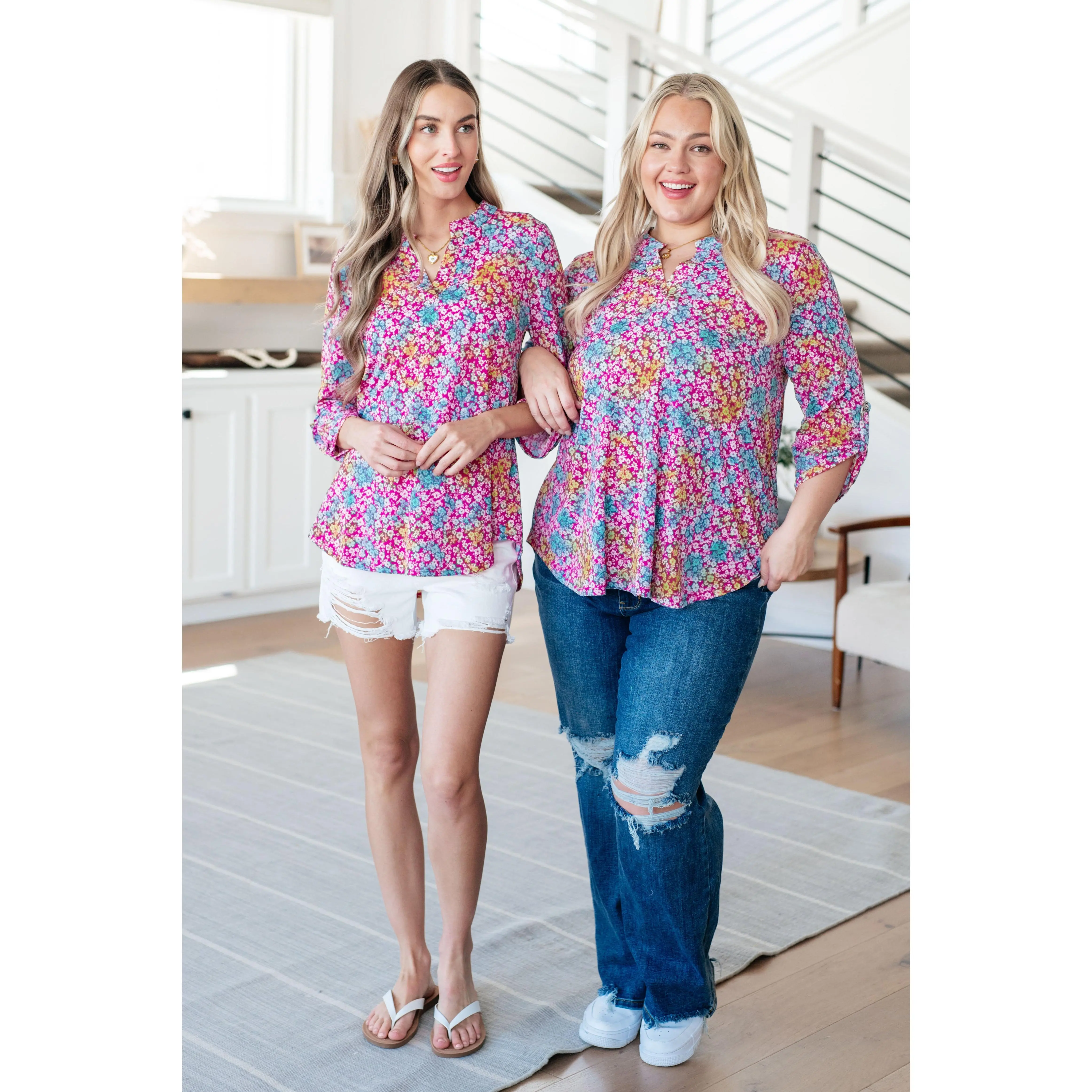 Lizzy Top in Pink and Aqua Ditsy Floral