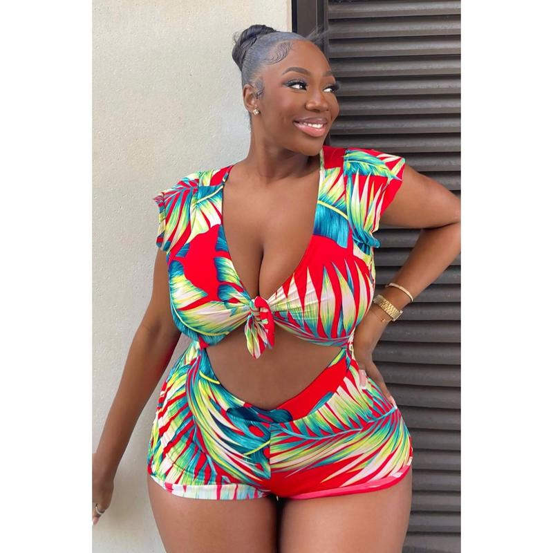 Waist No Time Tropical Romper - Red/combo