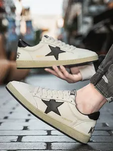 Men's Vintage Star Pattern Leather Sneakers, Breathable Mesh Design, Retro Board Shoes, Summer Footwear, Trendy Dirty Look Style