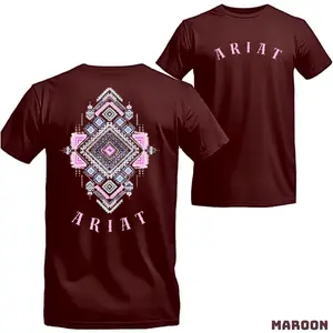Ariat T-Shirt - Boho Geometric Graphic with Vibrant Pink and Blue Accents - Unisex Relaxed Fit Short Sleeve Machine Washable Boyfriend Gift for Menswear Streetwear Vacation Outfits