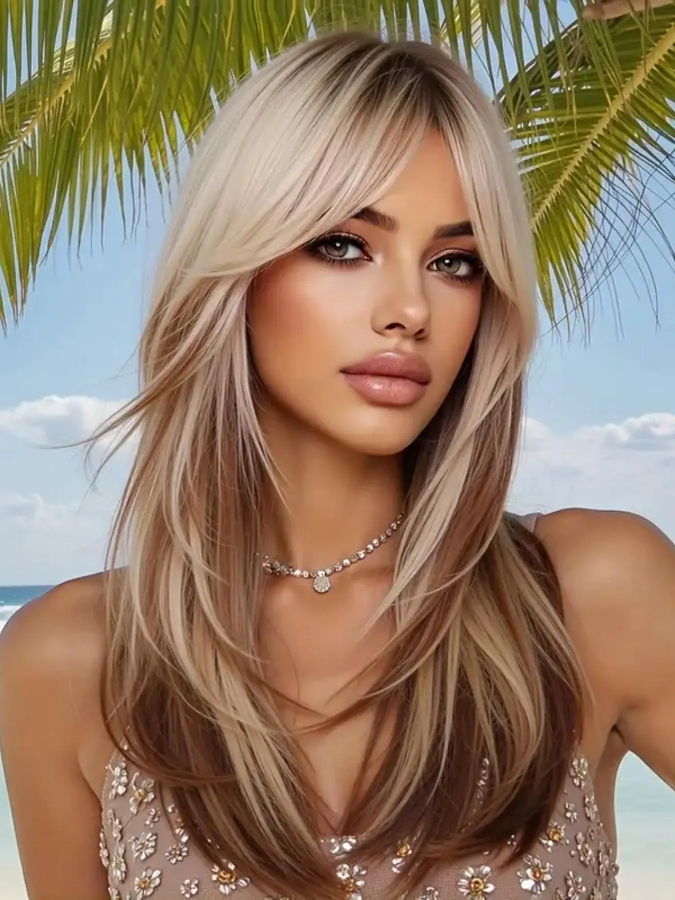Long Straight Synthetic Wig, Chocolate Ombre Color with Long Bangs, Natural-Looking Elegant Women's Wig for Summer