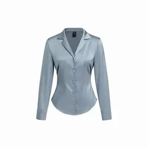 Cider Satin Collar Long Sleeve Curved Hem Cinched Waist Shirt