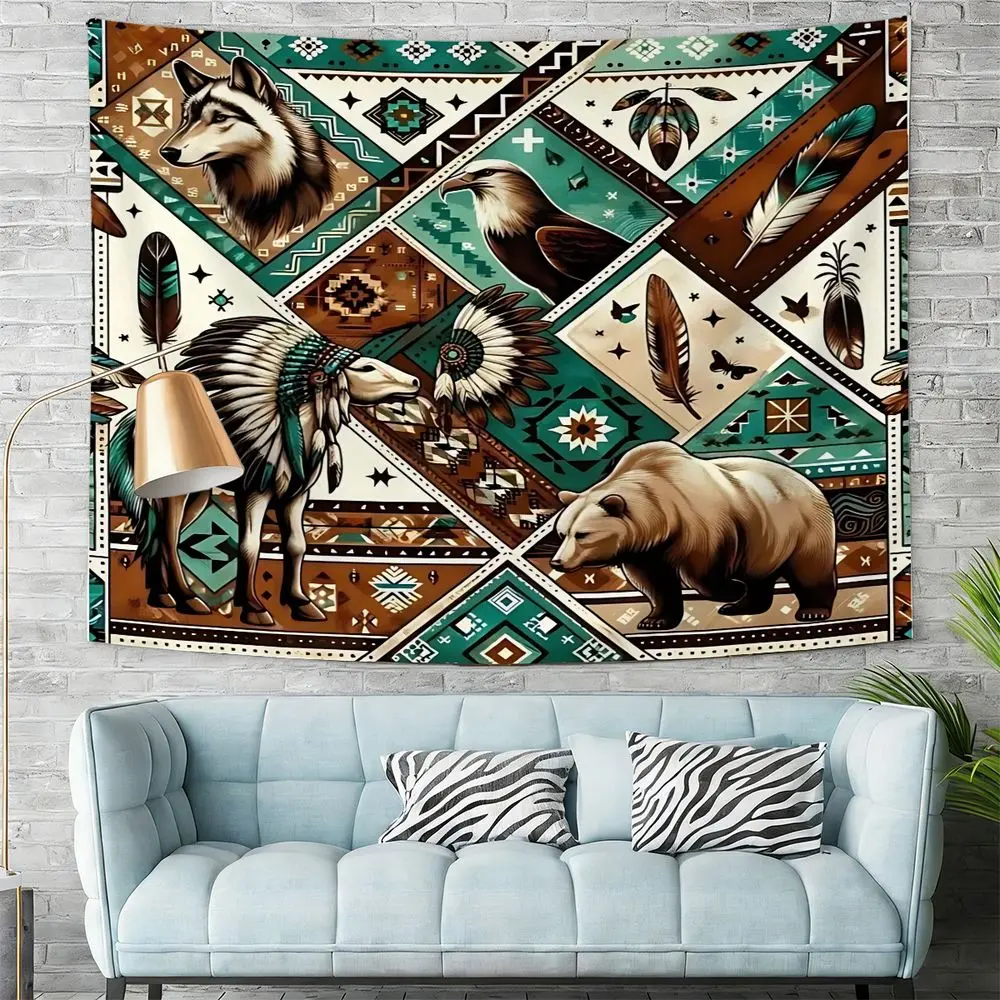 Vibrant Native American Inspired Wall Tapestry, Digital Print Tapestry Featuring Bold Motifs of Wolf, Eagle, Horse, and Bear, Geometric Patterns and Earthy Tones, Perfect Bohemian Wall Hanging for Bedroom, Living Room, or Study Decor
