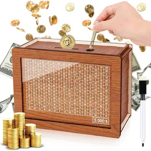 Wooden Money Box Money Bank, Countdown Money Saving Box with 5000 Dollars, Money Box with Money and Numbers to Check for Boys Girls (5000 USD)