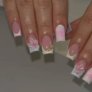24pcs Square 3D Gel Nail Art Set, Floral Pearl French Press-On Nails, Gel Press Ons, Includes Adhesive & File, Perfect for Summer & Parties