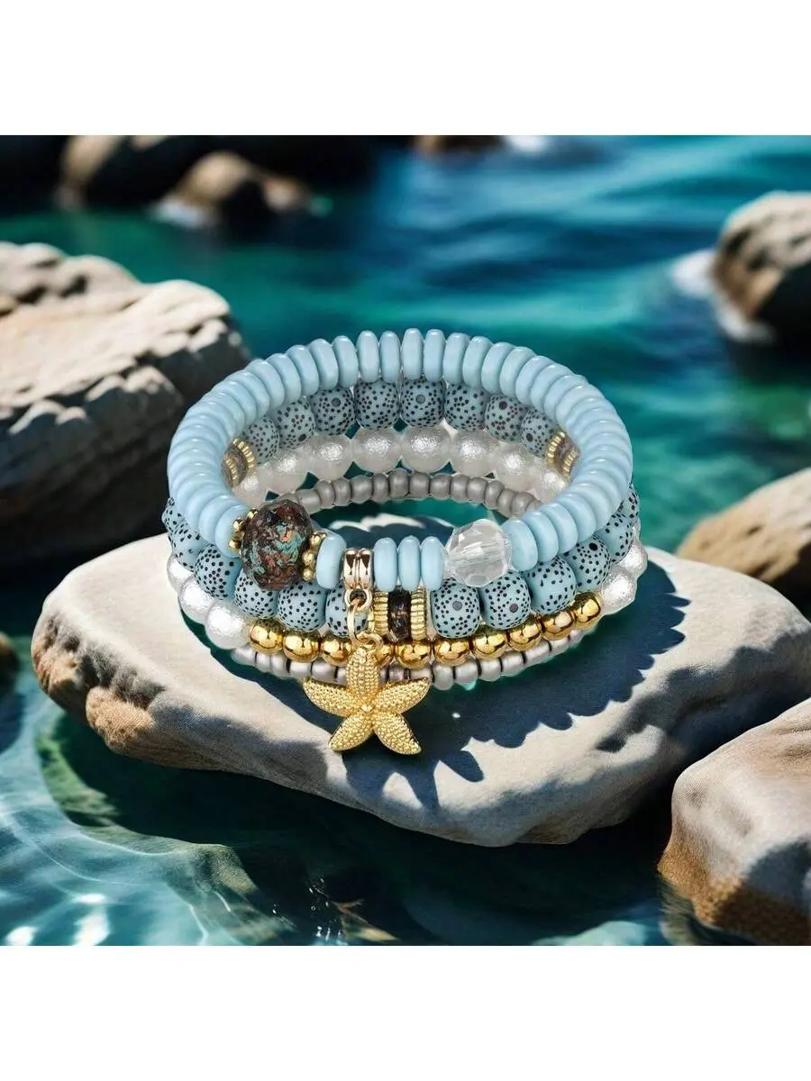 4pcs/Set Bohemian Style Starfish Pendant Blue Beaded Bracelet, Multipurpose Beach Party Bracelet, Perfect For Parties, Holidays And Carnivals.