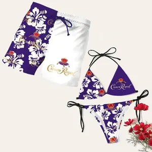 Matching Crown Royal Floral Swimsuits for Couples – Swim Bra & Tie Side Thong Bikini + Men's Beach Shorts, Summer Vacation Swimsuit, Hawaiian Shirt Style, Aloha Beach Outfit, Casual Holiday Bathing Suits, Menswear & Womenswear