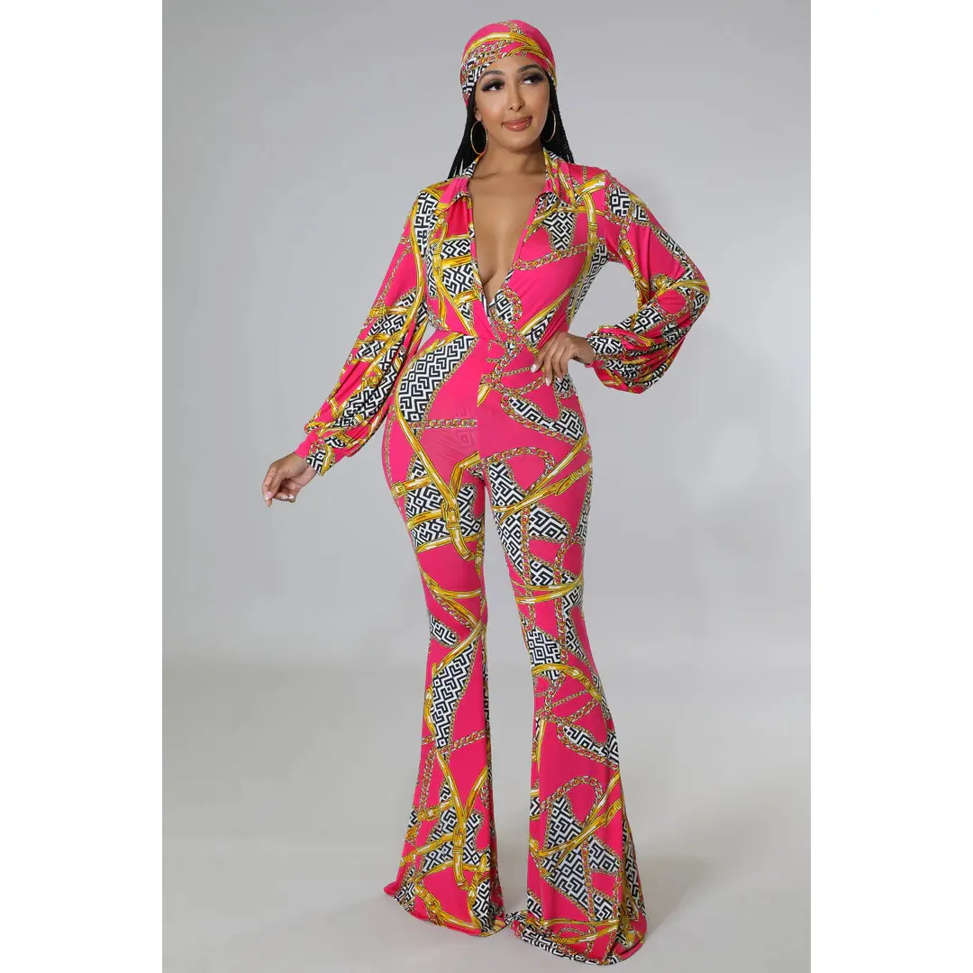 Women's Flare Bottom Surplice neckline Bodysuit Fuchsia/Gold Pant Set