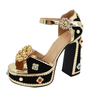 Lady embellished high heel open toe tall chunky heel rhinestone embellished jews ankle strap and buckle