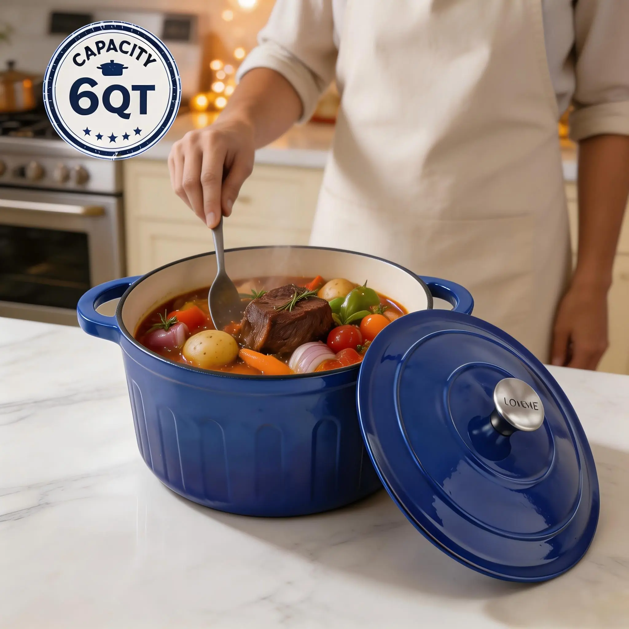 LOVEWE 6QT Heavy Duty Cast Iron Enamel Stockpot - Round Shape, Sealed Lid, Ergo Handle, All-Stovetop Compatible, Stylish Red High-Quality Cookware for Family Meal