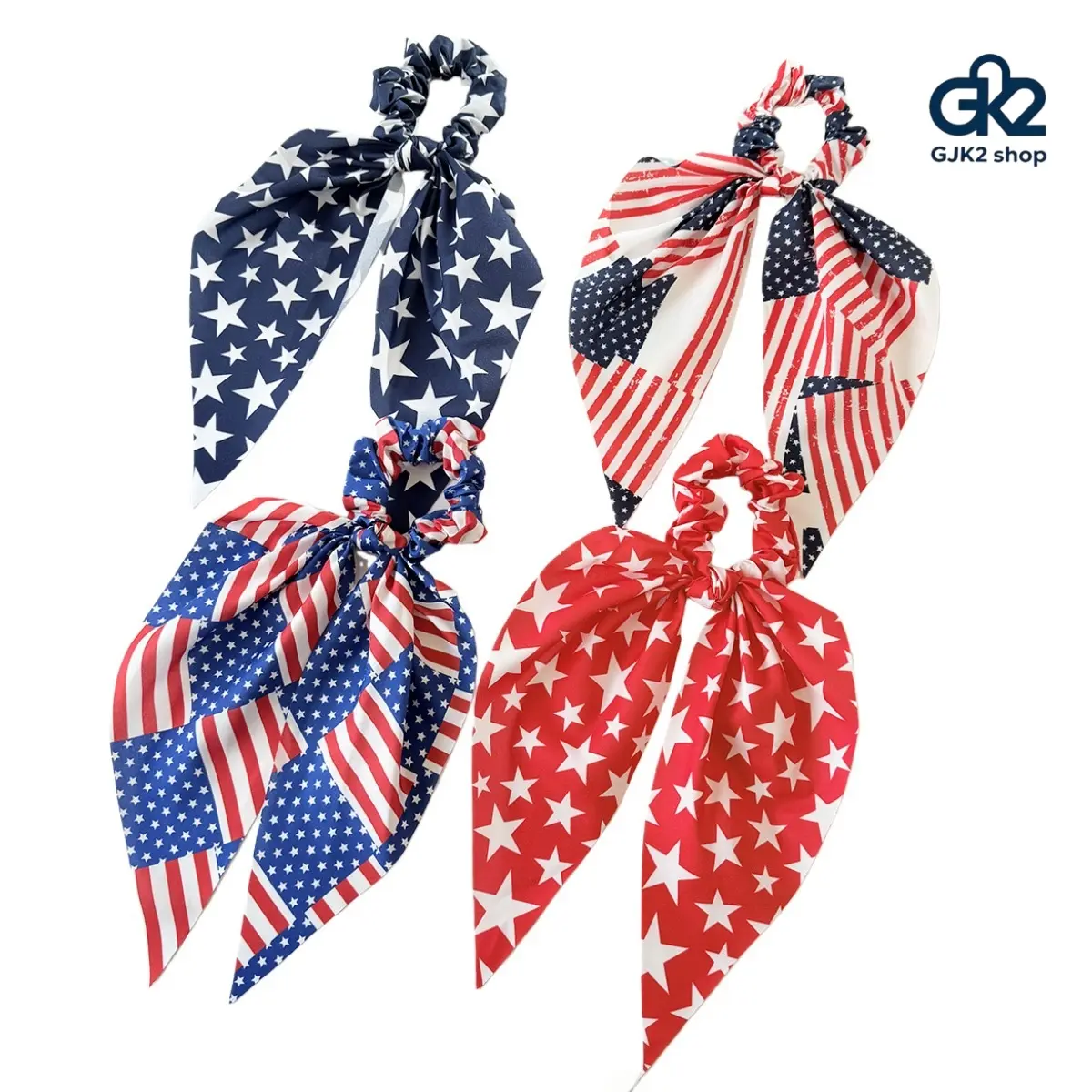 4th of July American Flag Star Print Bow Scrunchie, Patriotic Hair Tie with Long Flowing Ribbon, Independence Day Party Hair Accessories, Red White Star Scarf Hair Scrunchie for Women Girls