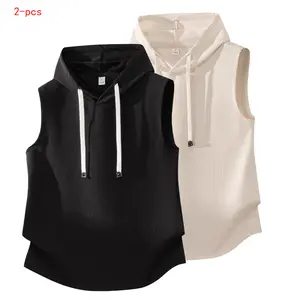 American streetwear brand men’s sleeveless hoodie tank top for summer—thin, trendy, loose athletic T-shirt style; solid color, fashionable, versatile, minimalist, comfortable top; premium quality. #SummerVibes