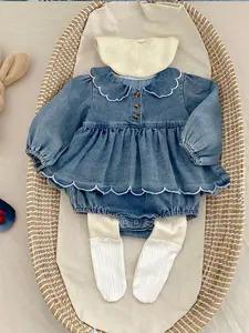 Elegant Baby Girl Denim Romper, Cute Long Sleeve Wavy Hem Design, Fitted Spring & Fall, Korean Style for Outdoor Activities, Baby Girl Clothes