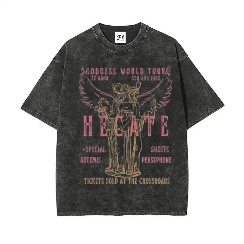 Hecate Goddess World Tour Vintage Acid Wash T‑Shirt, Greek Myth Witchy Occult Concert Poster Graphic Crewneck, Oversized Unisex Cotton Tee Dark Academia Streetwear Casual Holiday Gift Top for Men Women