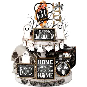 Halloween Tiered Tray Decor Set – 21-Piece Ghost Wooden Signs, Rustic Farmhouse Halloween Table Centerpiece, DIY Fall Decor for Home, Mantel & Party, Black & White, Happy Halloween Decorations (Tray Not Included), table decorations, gift for her, him