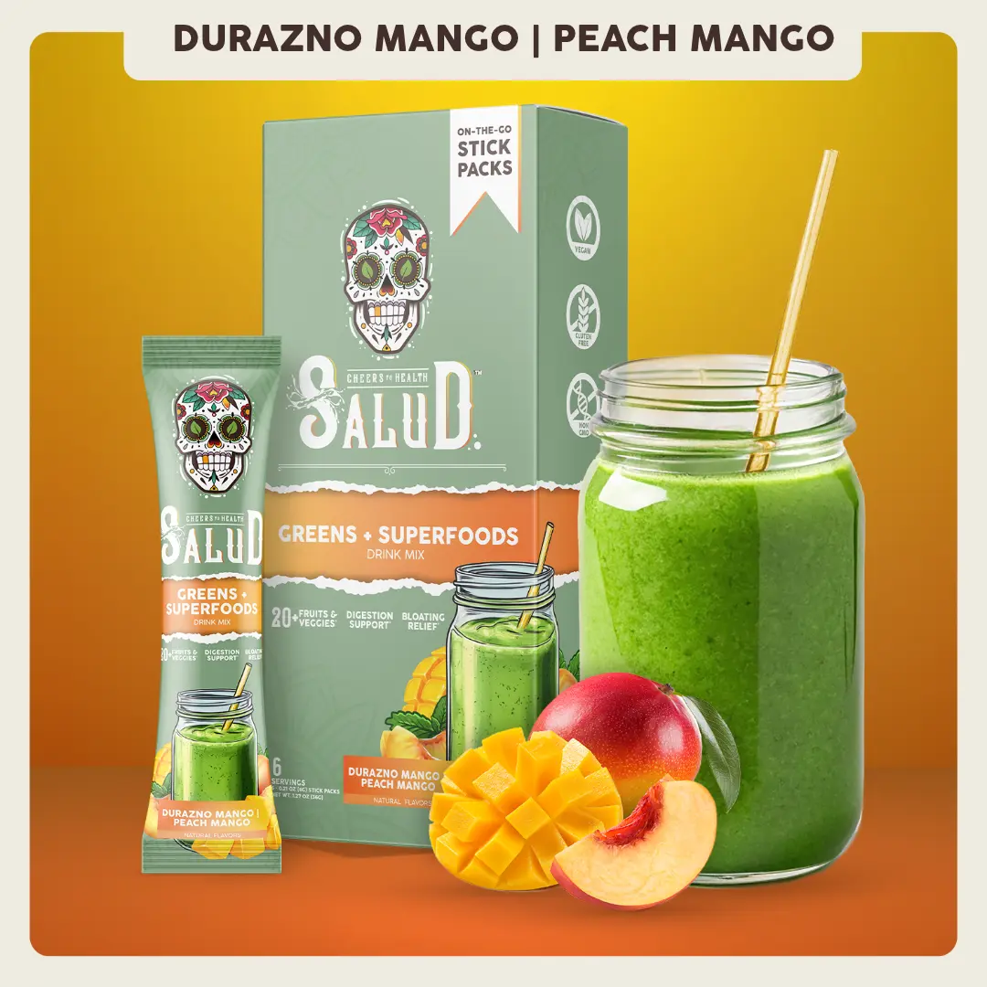 Salud 2-in-1 [Greens + Superfoods - Peach Mango] Daily Greens Drink Mix, Agua Fresca, Gut Health & Bloating Support, Probiotics & Prebiotics, Vegan, Non-GMO, Easy-to-Drink Greens Powder (6 Servings)