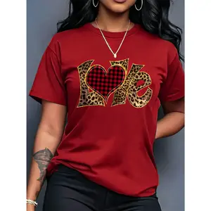 Women's Casual Round Neck T-Shirt, Love Letter Print, 100% Cotton Fabric, Short Sleeve Top, Suitable for All Seasons, Suitable for Spring and Summer, Multiple Colors Available