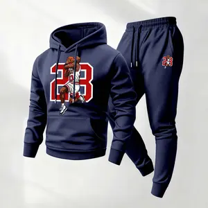 Men's 23 Basketball Printed Hooded Sweatshirt And Drawstring Sweatpants Set, Men's Clothing, Casual Long-Sleeved Hooded Jacket And Trousers, Suitable For Autumn And Winter Wear, Men's Everyday Casual Wear, Indoor And Outdoor Sportswear, Tracksuit.