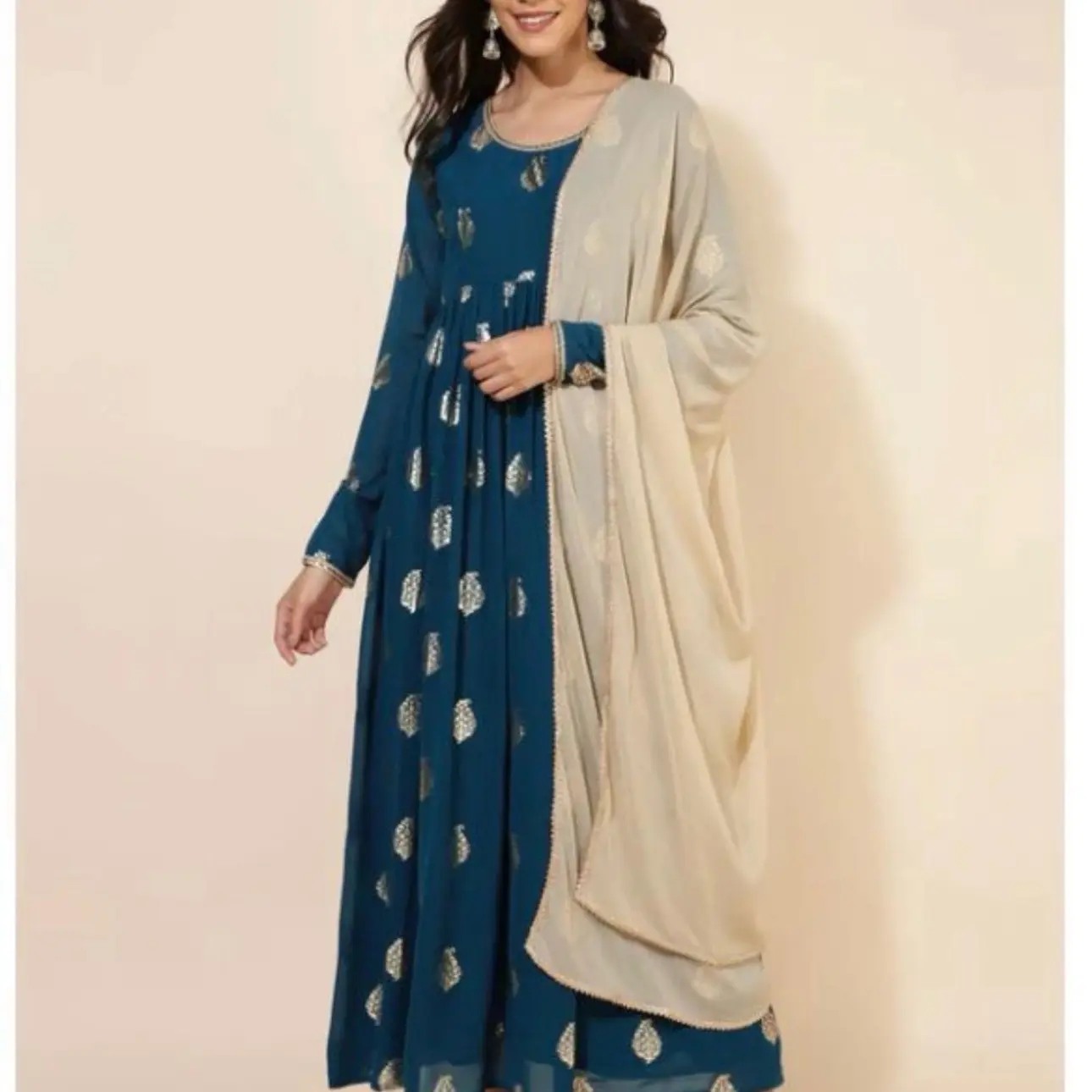 Teal Blue Georgette Foil Printed Anarkali Kurta with Dupatta