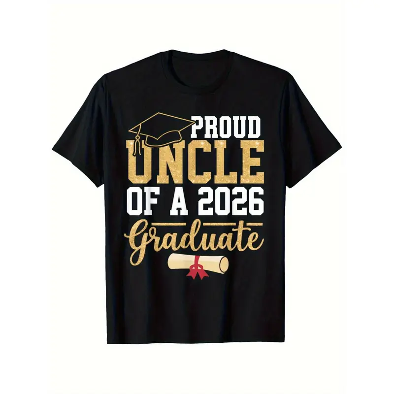 Men's Proud Uncle of a 2026 Graduate T-Shirt - Black Crew Neck Casual Tee with Golden & White Graduation Cap & Diploma Design, Comfortable Regular Fit, Machine Washable Class of 2026 Gift for Uncles, Family Events & Graduation Parties