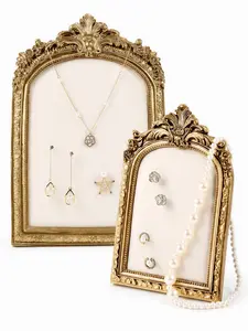 2PCS Vintage Jewelry Display Stand Set - Elegant Resin Necklace & Earring Holder Frame with Velvet Backing - Aesthetic Photography Props & Room Decor (Large & Small)