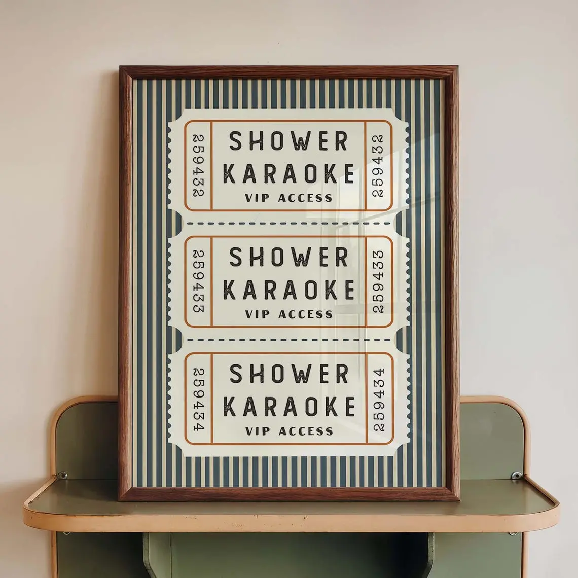 Shower Karaoke VIP Access Print, Retro Blue Green Striped Ticket Decor
