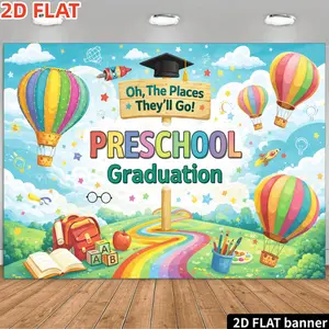 2D Flat Banner, Preschool Graduation Backdrop with "Oh, the Places They'Ll Go!" Text - Themed Decor Suitable for Birthdays, Graduations, Parties - Durable Wall Decoration with Caps, Balloons, Books & Bl, 2D Flat